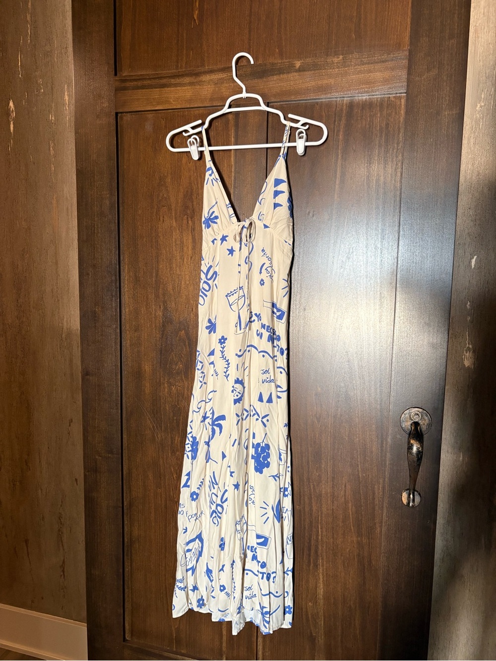 Cream and Blue Print Spaghetti-Strap Maxi Dress